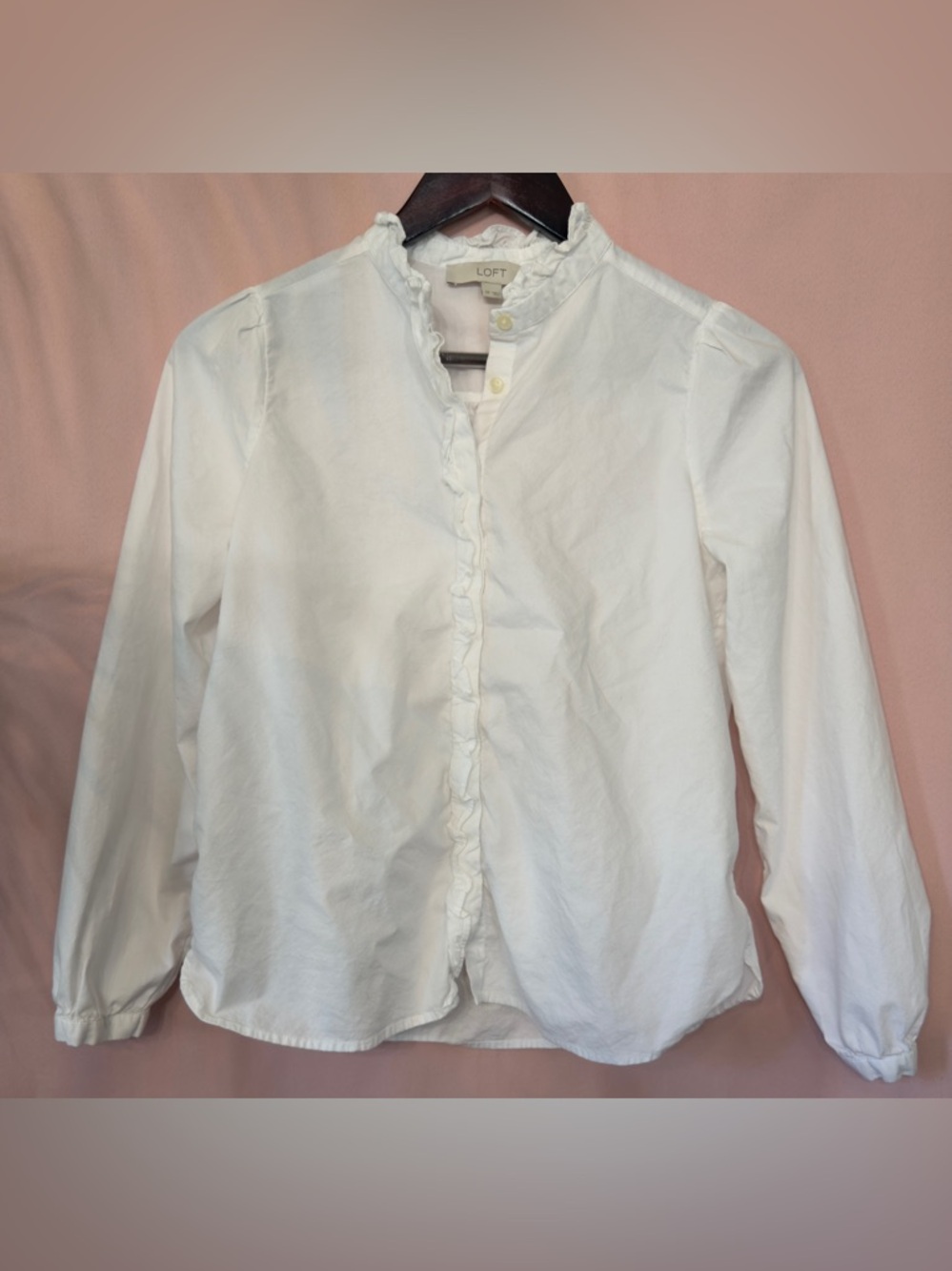 LOFT White Ruffle button-up top - Picture 2 of 7